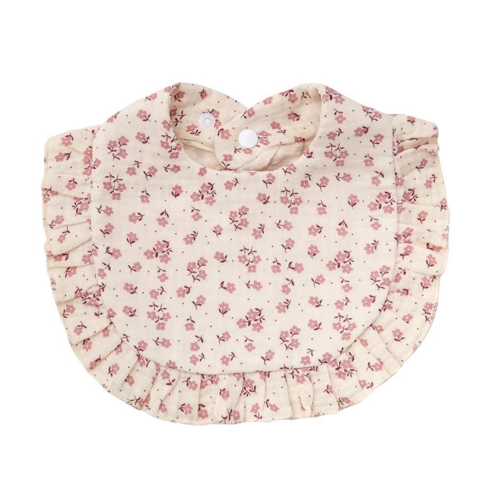 Bavoir bébé en coton à volants imprimé fleurs – Ajustable et doux