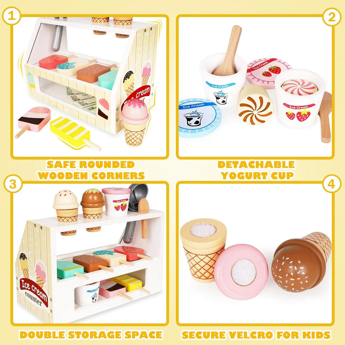 Ensemble de jeu de crème glacée en bois – Amusant pour les tout-petits !
