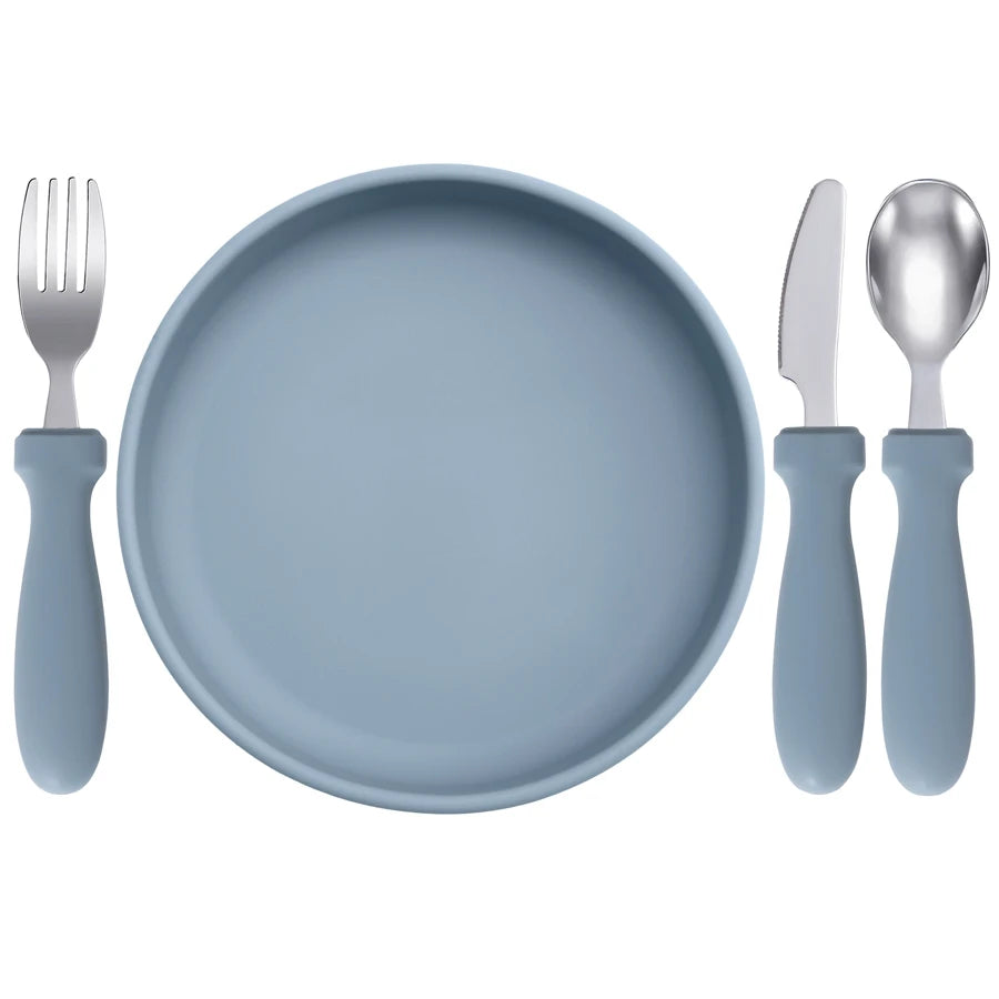 Ensemble d'alimentation pour bébé – Assiette, cuillère et fourchette en silicone
