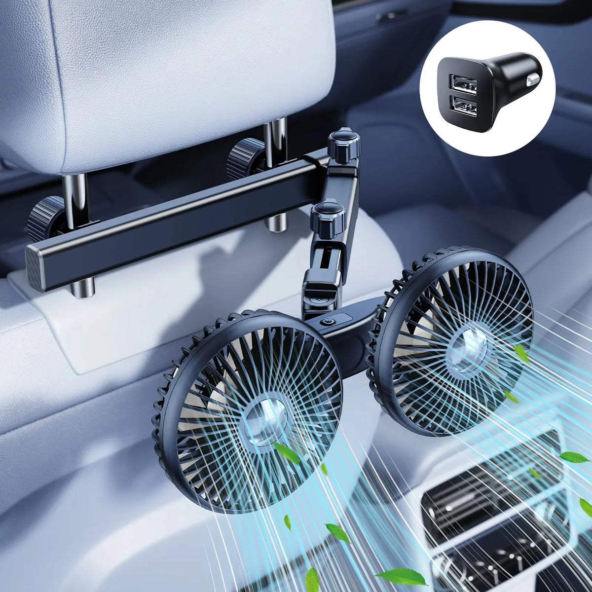 USB Car Fan for Kids | Dual Head, Adjustable Arm, 3-Speed Cooling
