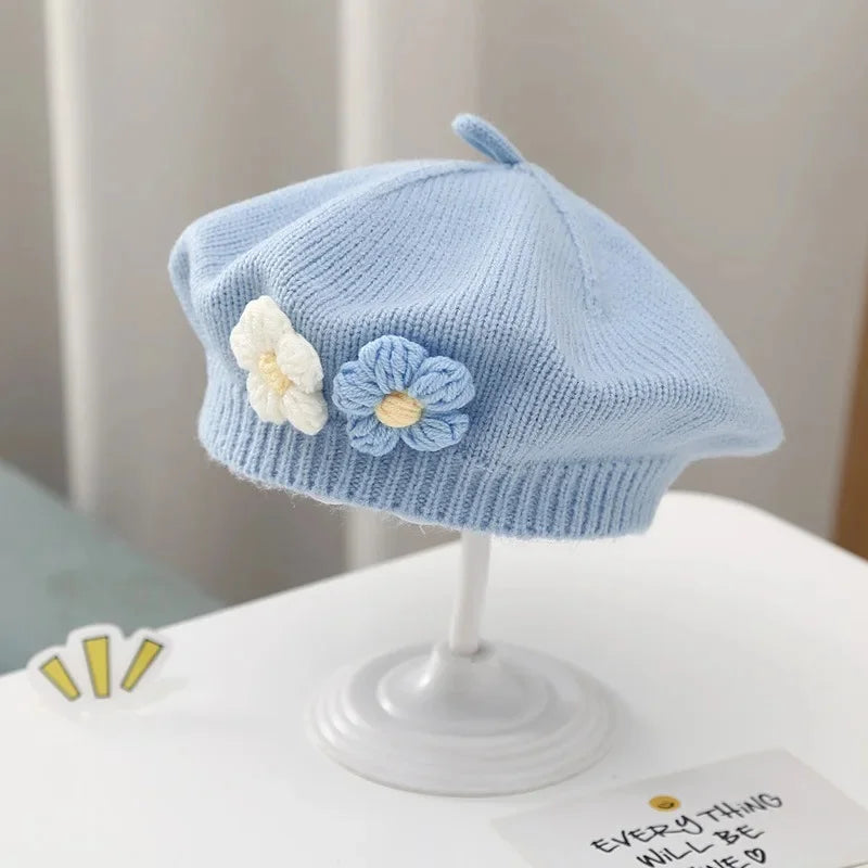 Cute Baby Girl Knitted Beret Hat with Small Flower