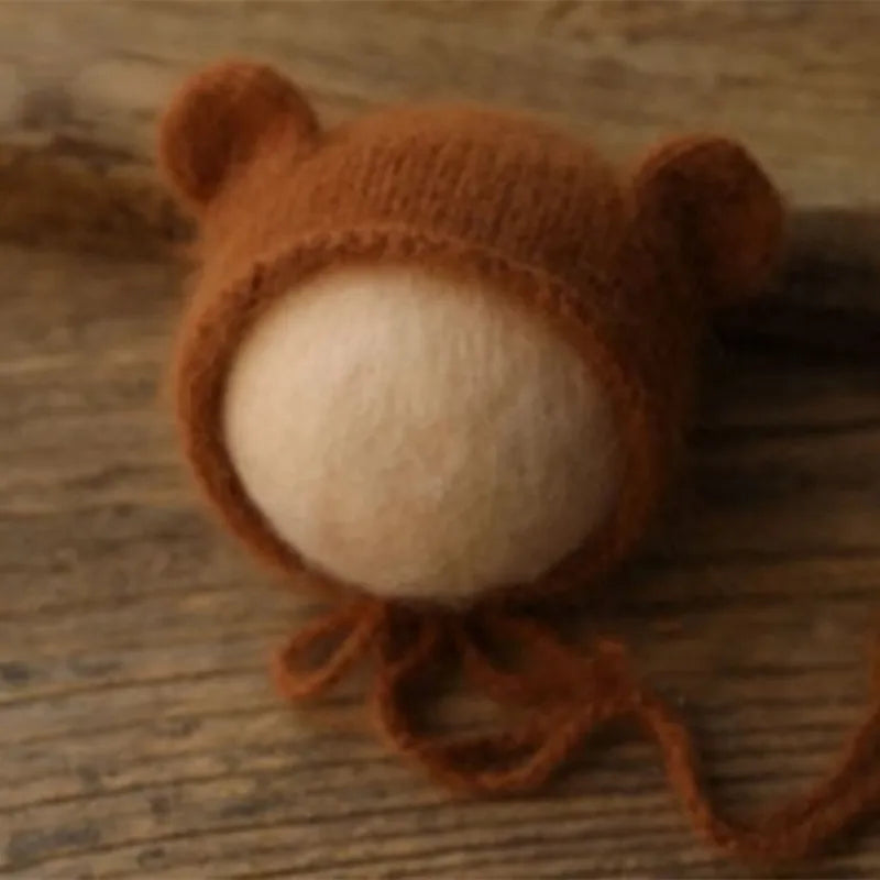 Bonnet tricoté pour nouveau-né en fil de vison duveteux avec oreilles, accessoire photo