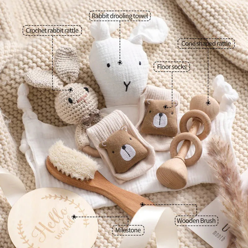 Newborn Bath Gift Set – Cotton Blanket, Milestone Cards & Rattle