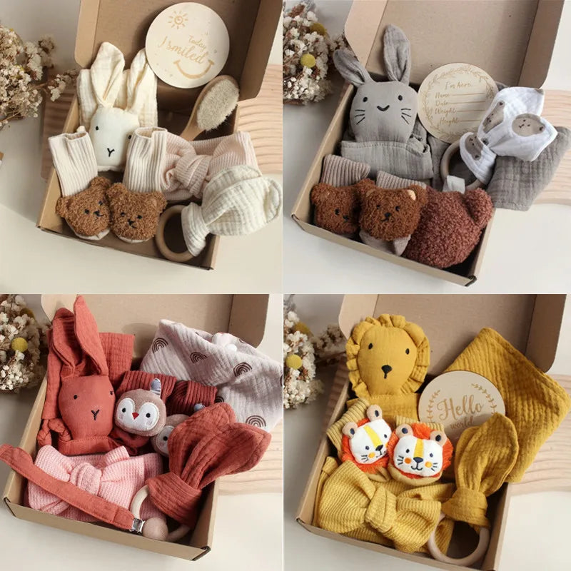 Newborn Baby Gift Set – Soft Cotton Towel, Rabbit Cuddle, Socks & Brush
