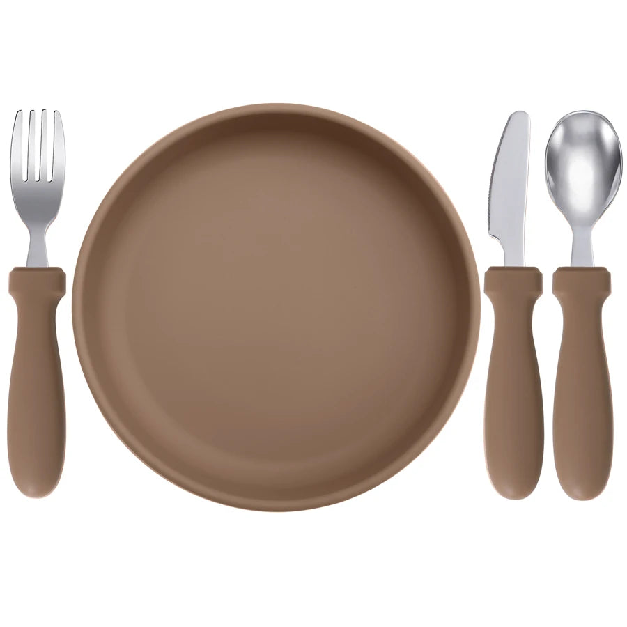 Ensemble d'alimentation pour bébé – Assiette, cuillère et fourchette en silicone