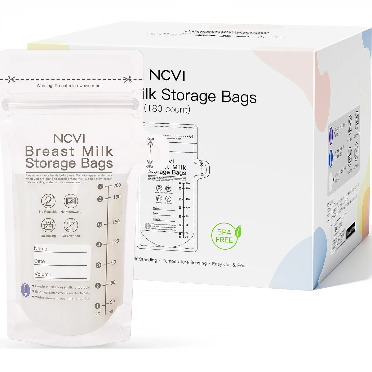 NCVI 200ml Breast Milk Storage Bags – Temp-Sensing, Double-Sealed, BPA-Free