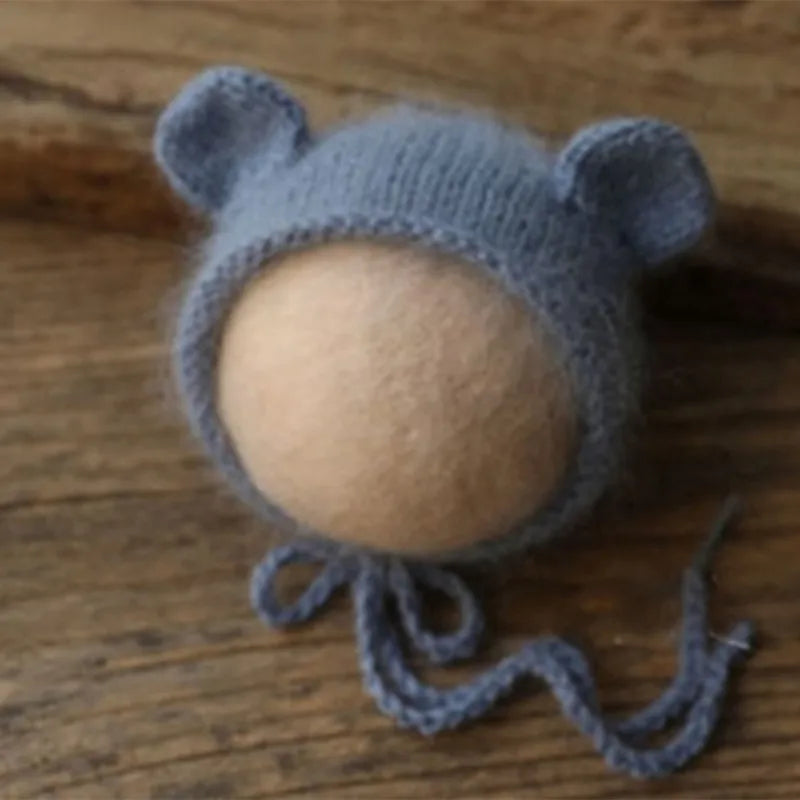 Bonnet tricoté pour nouveau-né en fil de vison duveteux avec oreilles, accessoire photo