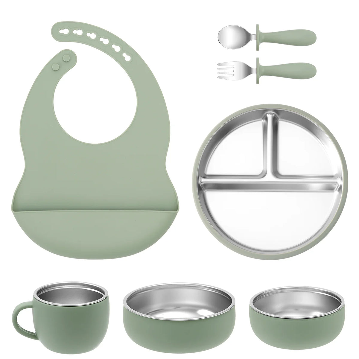 Ensemble d'alimentation pour bébé 7 pièces – Vaisselle en acier inoxydable et silicone