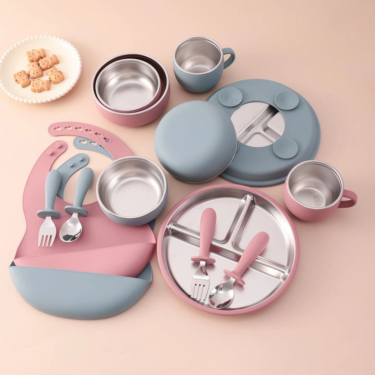 Ensemble d'alimentation pour bébé 7 pièces – Vaisselle en acier inoxydable et silicone