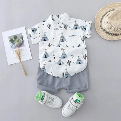 2-Piece Kids Summer Outfit – Cotton Triangle Print Shirt & Shorts Set