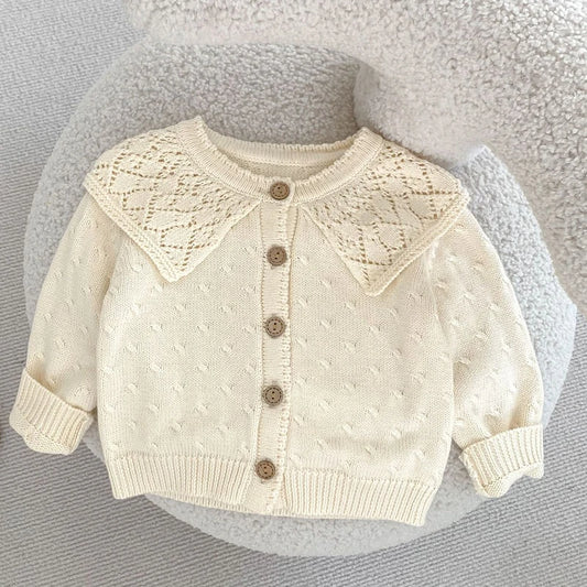 Autumn Baby Girl Sweater – Cotton Knit Jacket with Hollow Large Collar