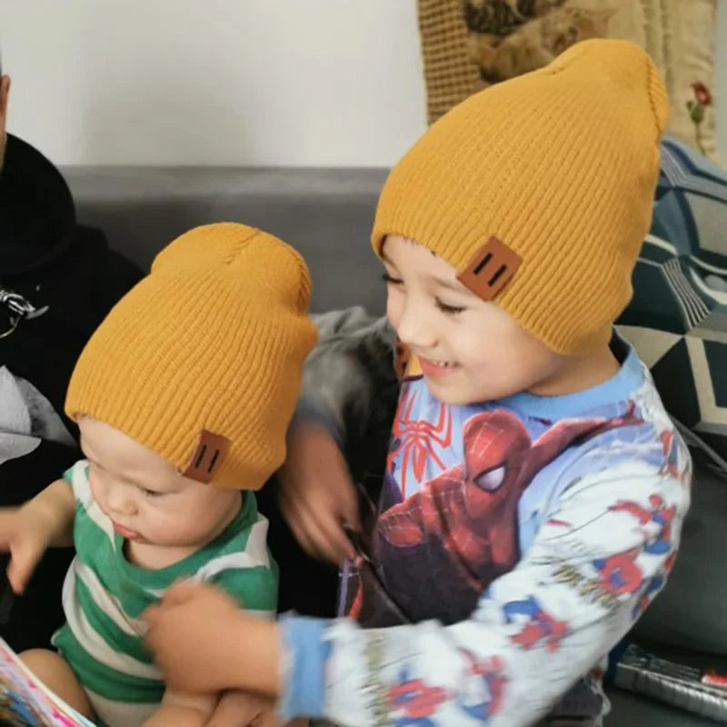 Baby Knit Hat with Leather Label Winter Family Beanie