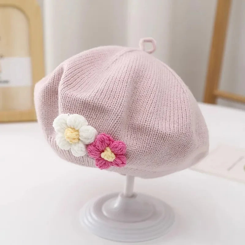 Cute Baby Girl Knitted Beret Hat with Small Flower