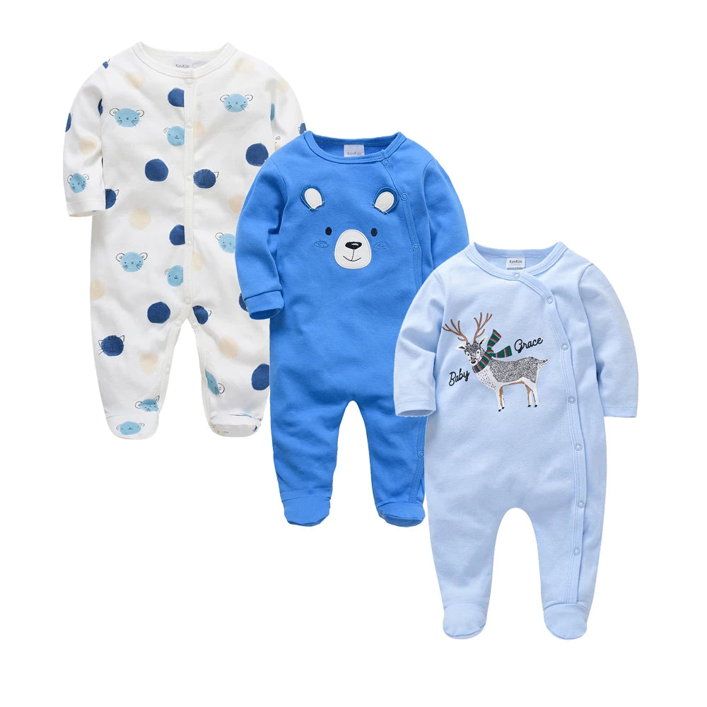 Lot de 3 grenouillères Kavkas pour bébé garçon (0-12 mois), 100 % coton, manches longues, imprimé dessin animé, articles pour filles