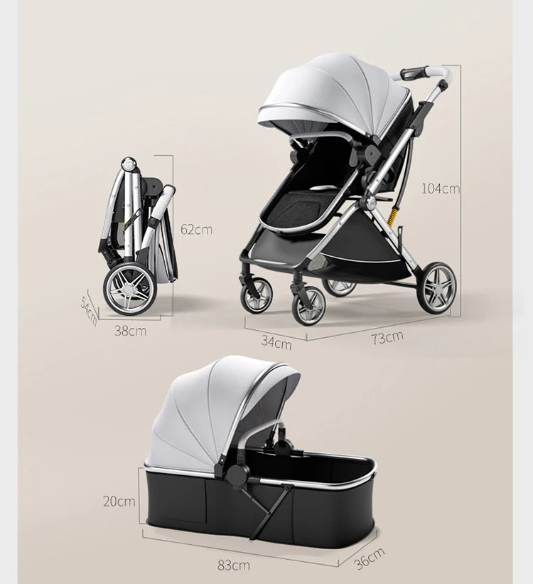 Poussette bébé 3 en 1 de luxe – Position assise et allongée, poussette de voyage portable
