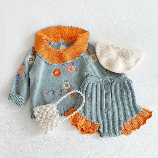 Autumn and Winter New Fashion Versatile Sweater Set Baby Girl Knit Set Embroidered Lotus Collar Top+Lace Pants Two piece Set