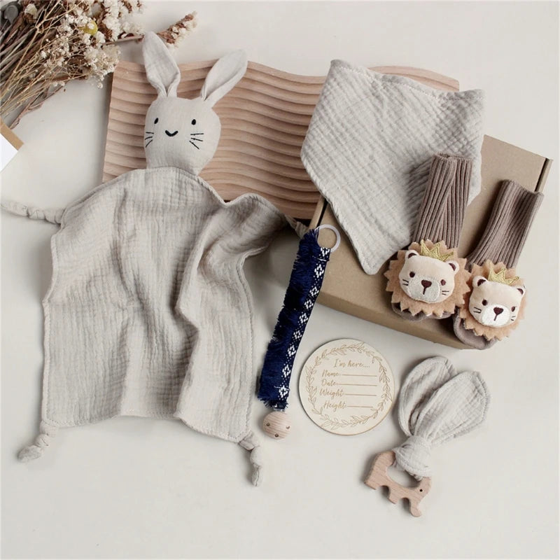 Newborn Baby Gift Set – Soft Cotton Towel, Rabbit Cuddle, Socks & Brush