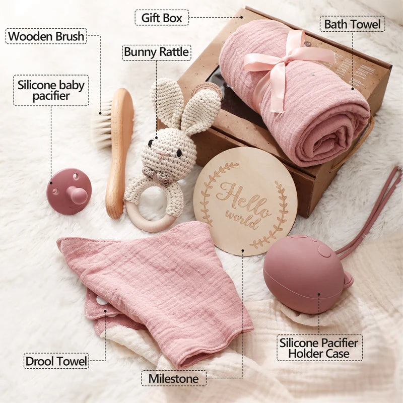 Baby Bath & Milestone Gift Set – Towel, Rattle, Pacifier & Cards