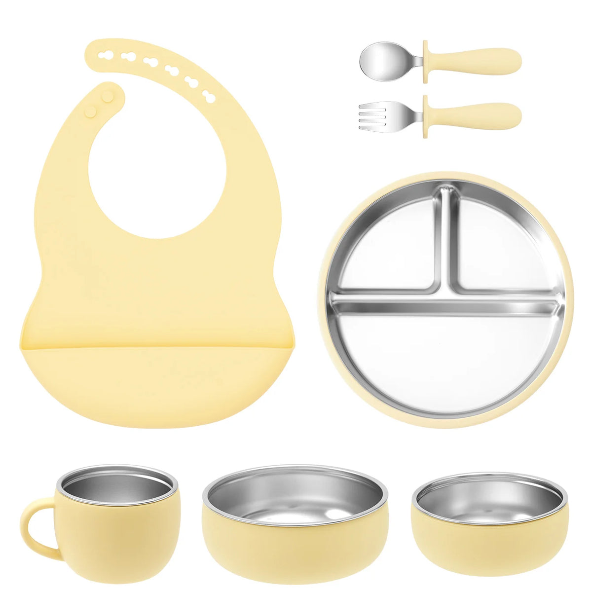 Ensemble d'alimentation pour bébé 7 pièces – Vaisselle en acier inoxydable et silicone