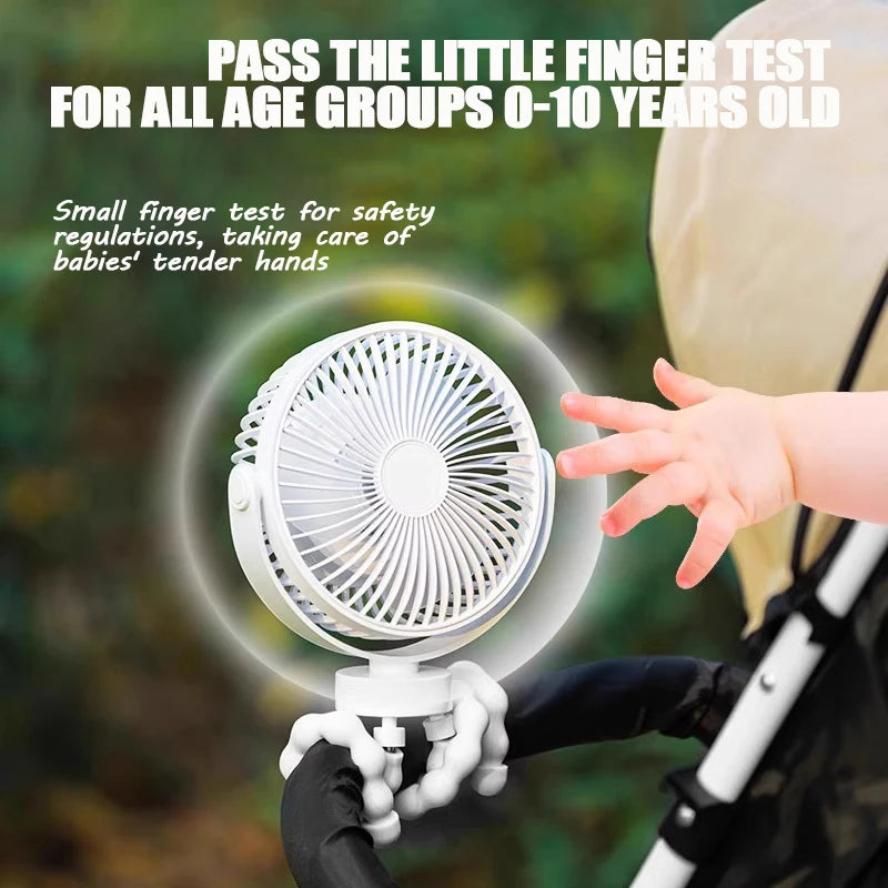 Ventilateur portable USB à 3 vitesses pour poussette avec lumière et support pour téléphone