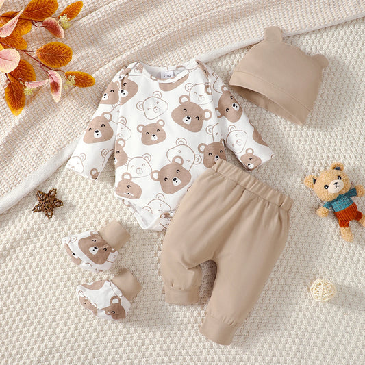 0–9M Baby Boy Set – Little Bear 4PCS Bodysuit, Pants, Hat & Socks