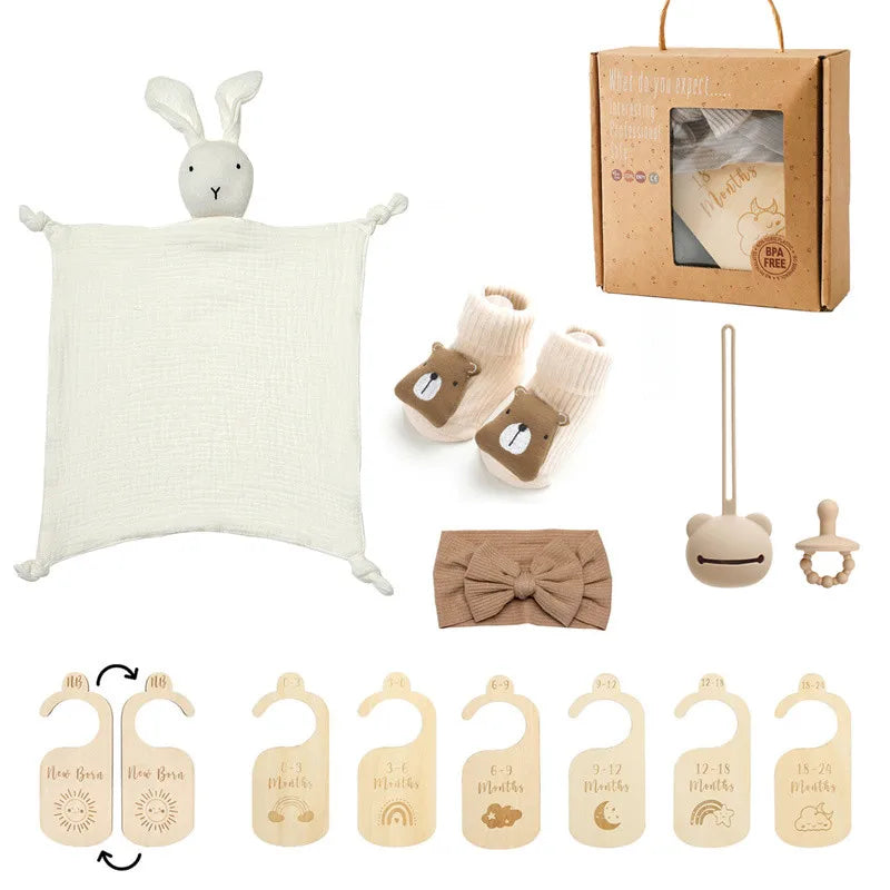 Newborn Bath Gift Set – Cotton Blanket, Milestone Cards & Rattle