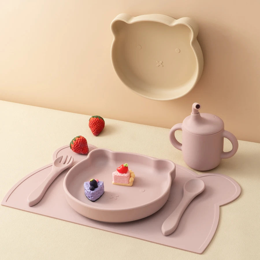 5PCS Baby Silicone Feeding Set – Plate, Spoon, Fork & Cup