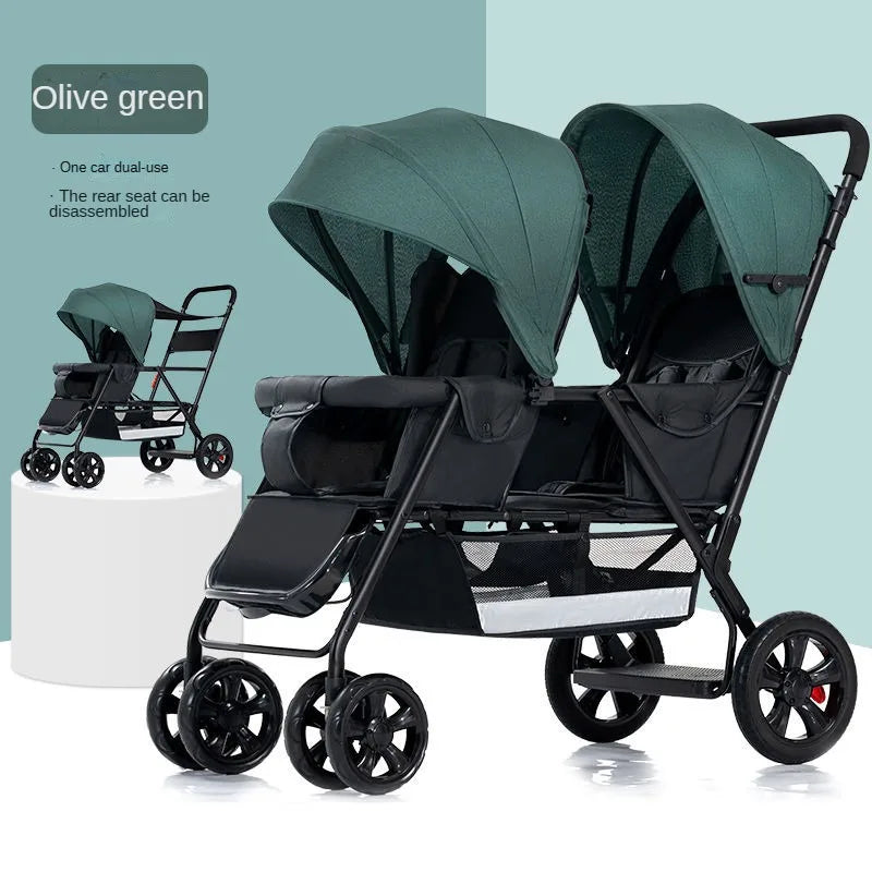 Poussette double multifonctionnelle pour jumeaux – Poussette double légère et pliable, à quatre roues