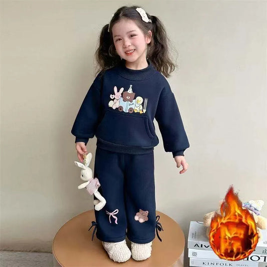 Children Girls Winter Outfits Kid Girls Animal Printed Fleece Sweatshirt 2PCS Clothes Bow Hem Velvet Warm Infant Babys Girl Pant