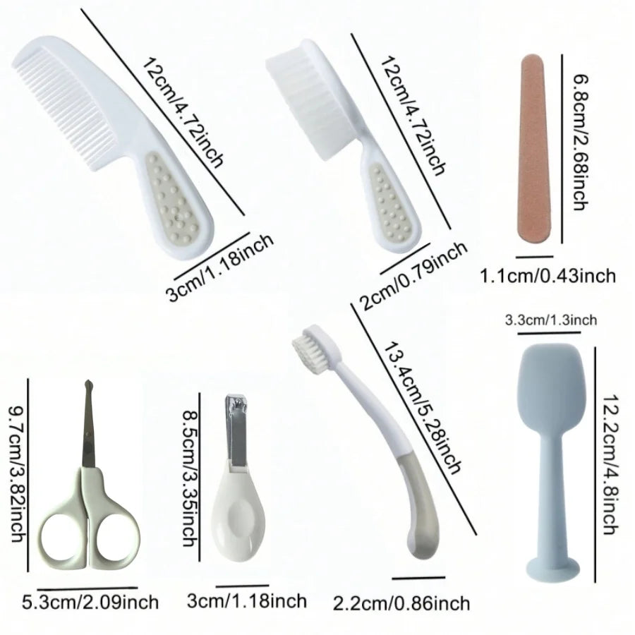 Ensemble de soins pour bébé gris 7 pièces – Peigne, brosse, ciseaux et coupe-ongles