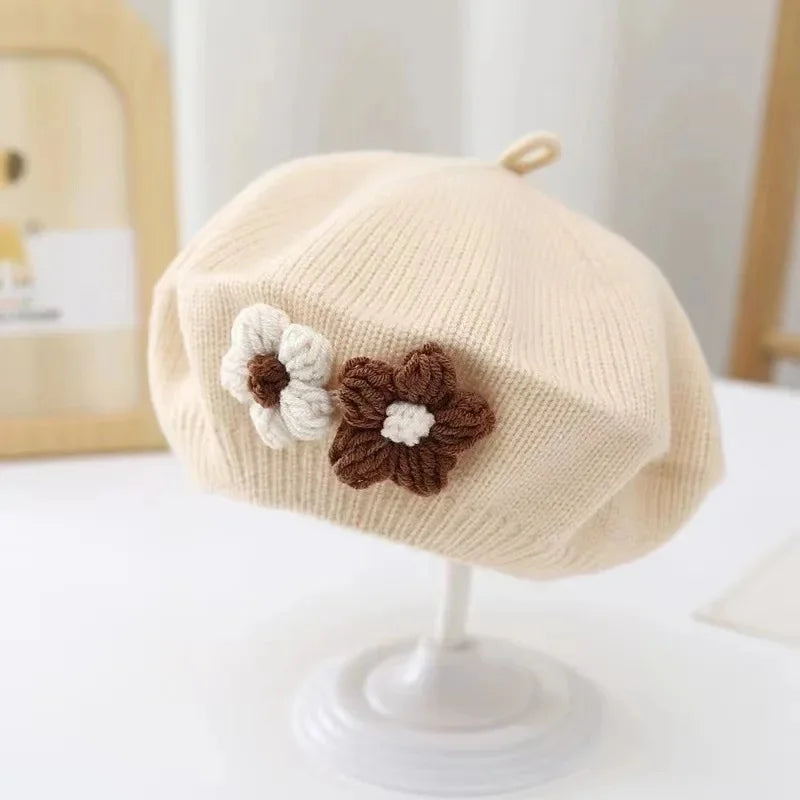 Cute Baby Girl Knitted Beret Hat with Small Flower