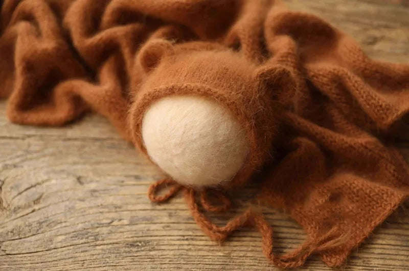 Bonnet tricoté pour nouveau-né en fil de vison duveteux avec oreilles, accessoire photo