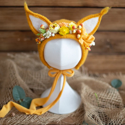 Bonnet à fleurs en feutre de laine mignon en forme de renard pour nouveau-né