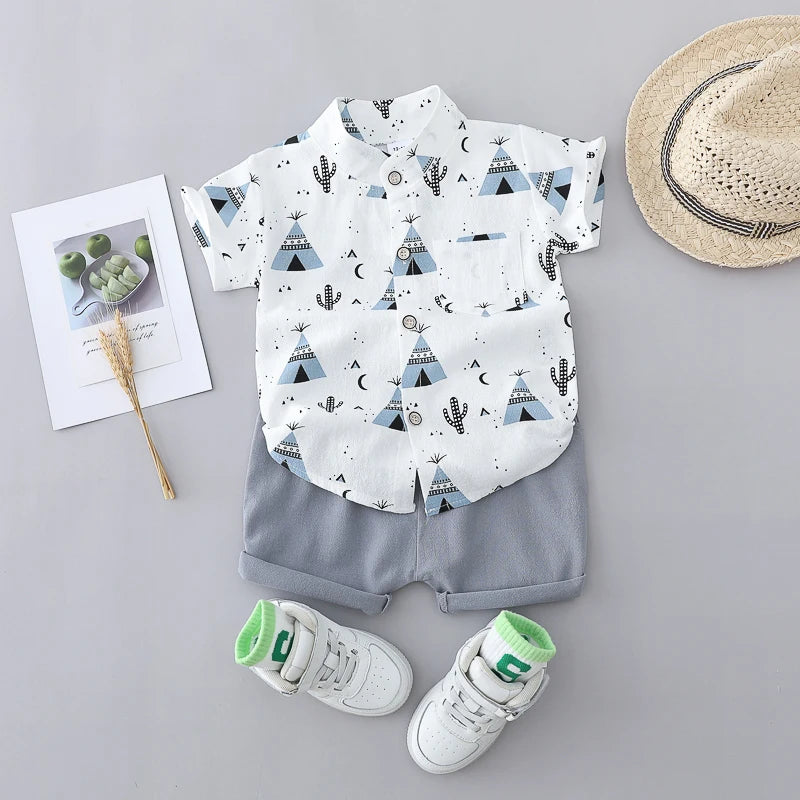2-Piece Kids Summer Outfit – Cotton Triangle Print Shirt & Shorts Set