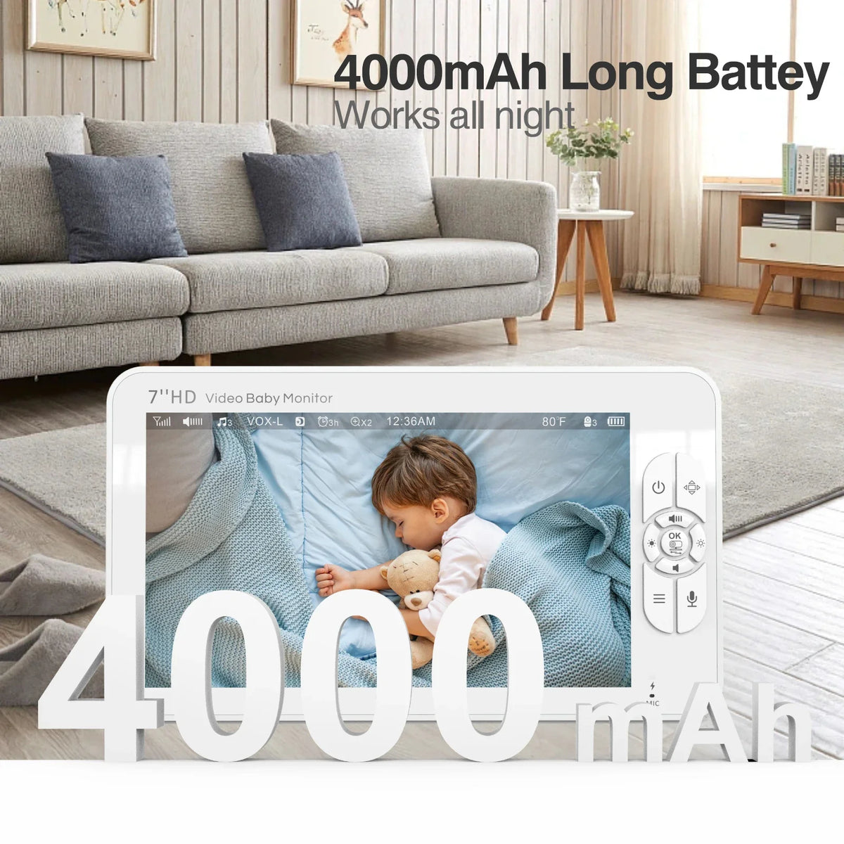 Babyphone HD avec télécommande, zoom, panoramique et inclinaison, batterie 4000 mAh
