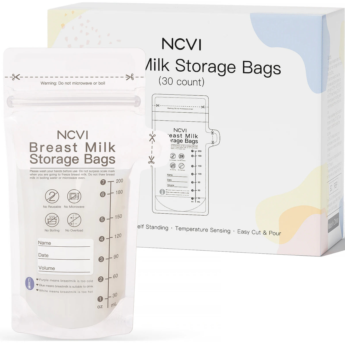 NCVI 200ml Breast Milk Storage Bags – Temp-Sensing, Double-Sealed, BPA-Free
