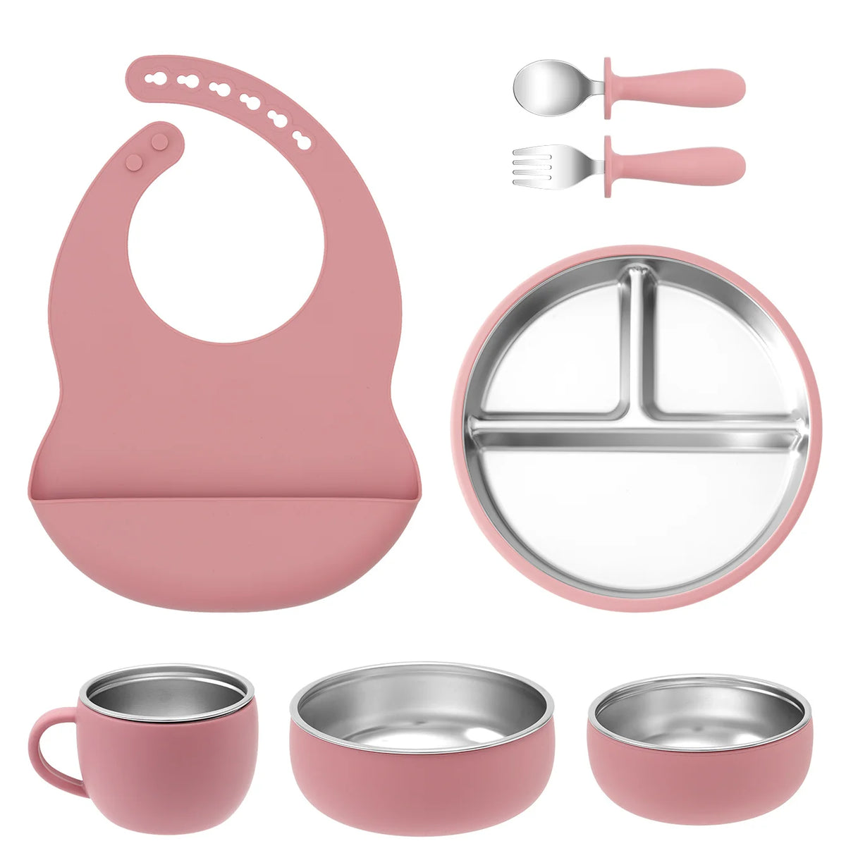 Ensemble d'alimentation pour bébé 7 pièces – Vaisselle en acier inoxydable et silicone