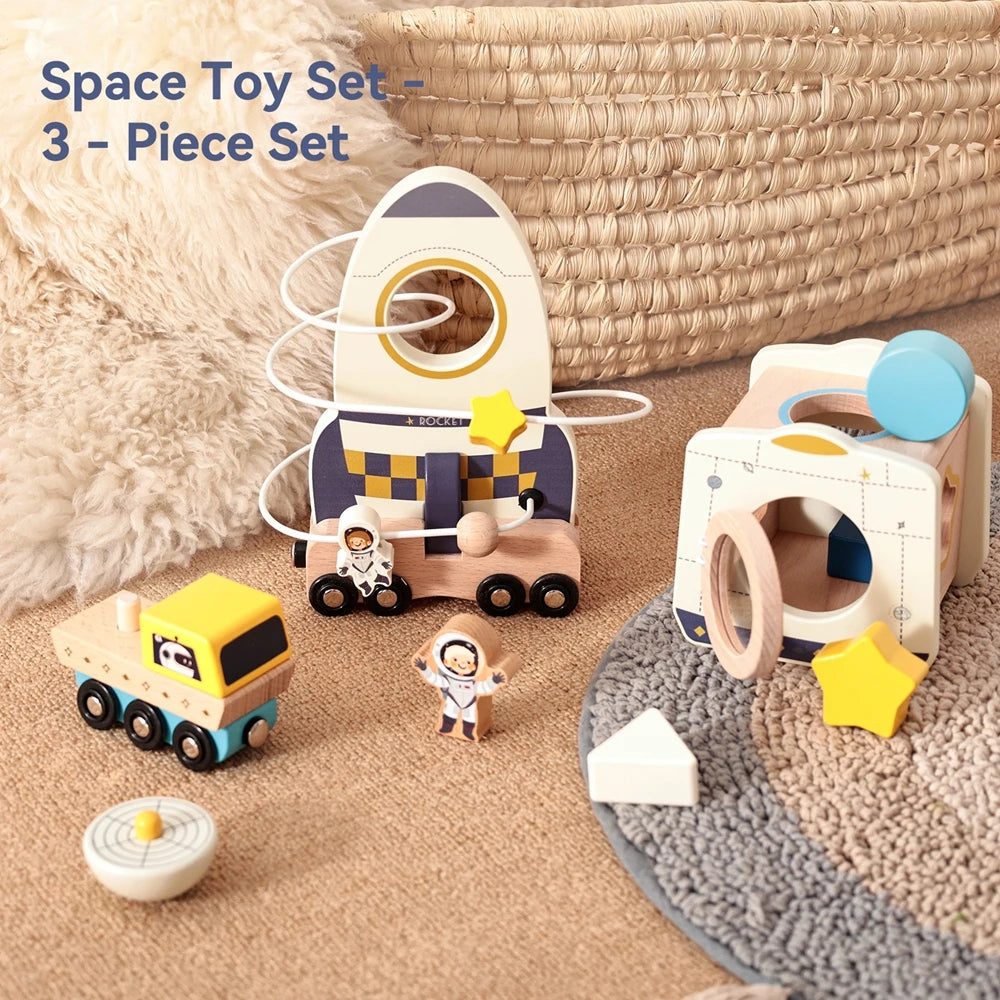 Montessori Wooden Space Set – Astronaut & Rocket Stacking Puzzle for Kids