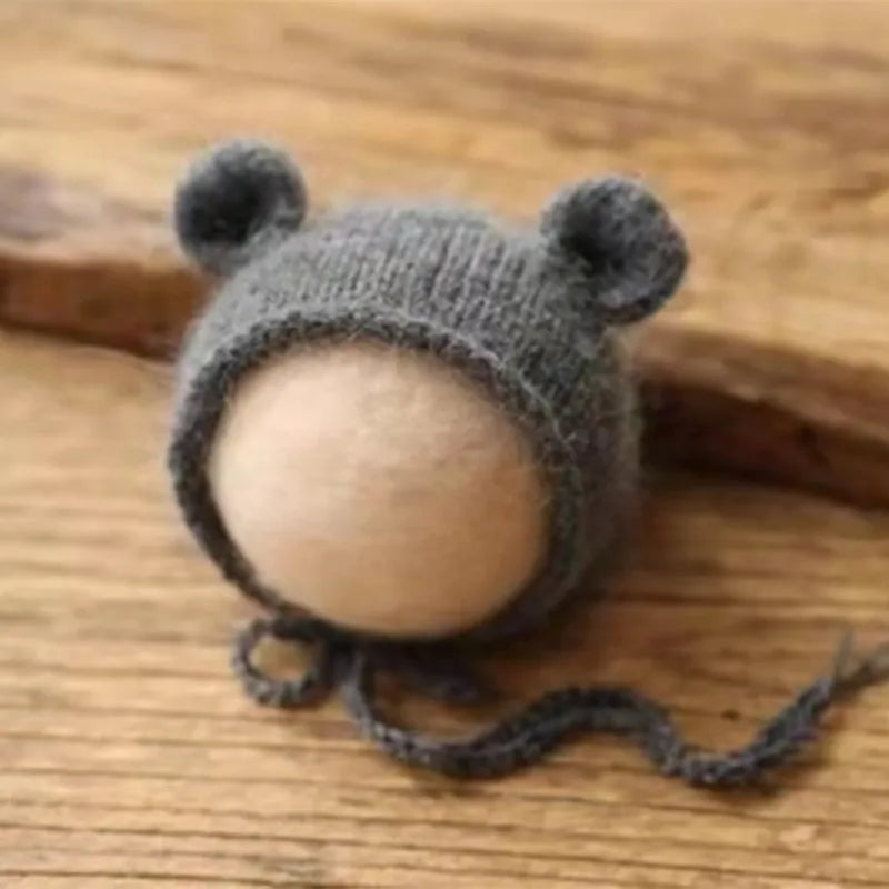 Bonnet tricoté pour nouveau-né en fil de vison duveteux avec oreilles, accessoire photo
