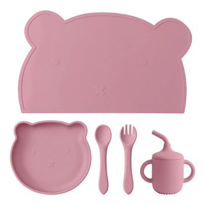 5PCS Baby Silicone Feeding Set – Plate, Spoon, Fork & Cup
