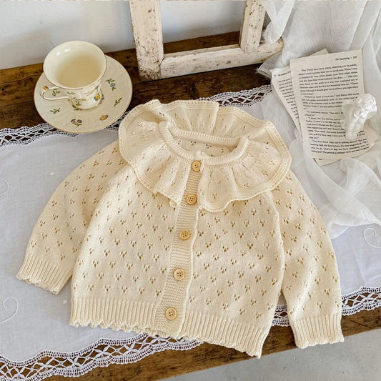 Autumn Baby Girl Sweater – Cotton Knitted Lotus Collar Long-Sleeve Coat