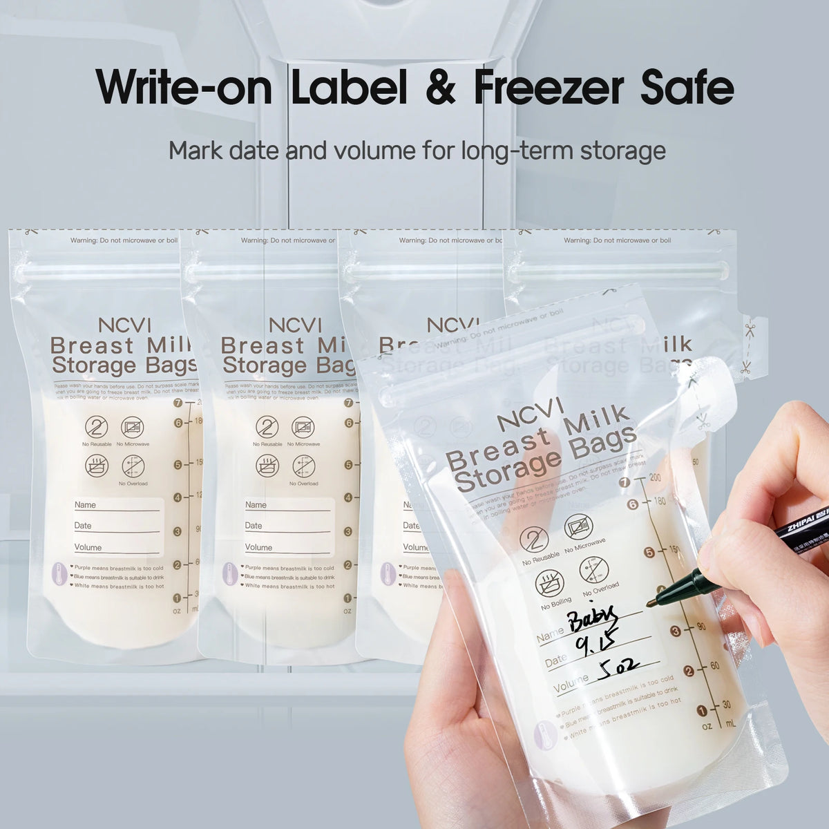 NCVI 200ml Breast Milk Storage Bags – Temp-Sensing, Double-Sealed, BPA-Free