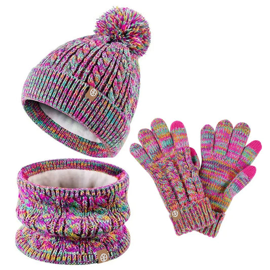 Winter Velvet Outdoor Travel Warm Knit Children's Colorful Wool Ball Hat Scarf Gloves Three Piece Set Luxury Holiday Gift