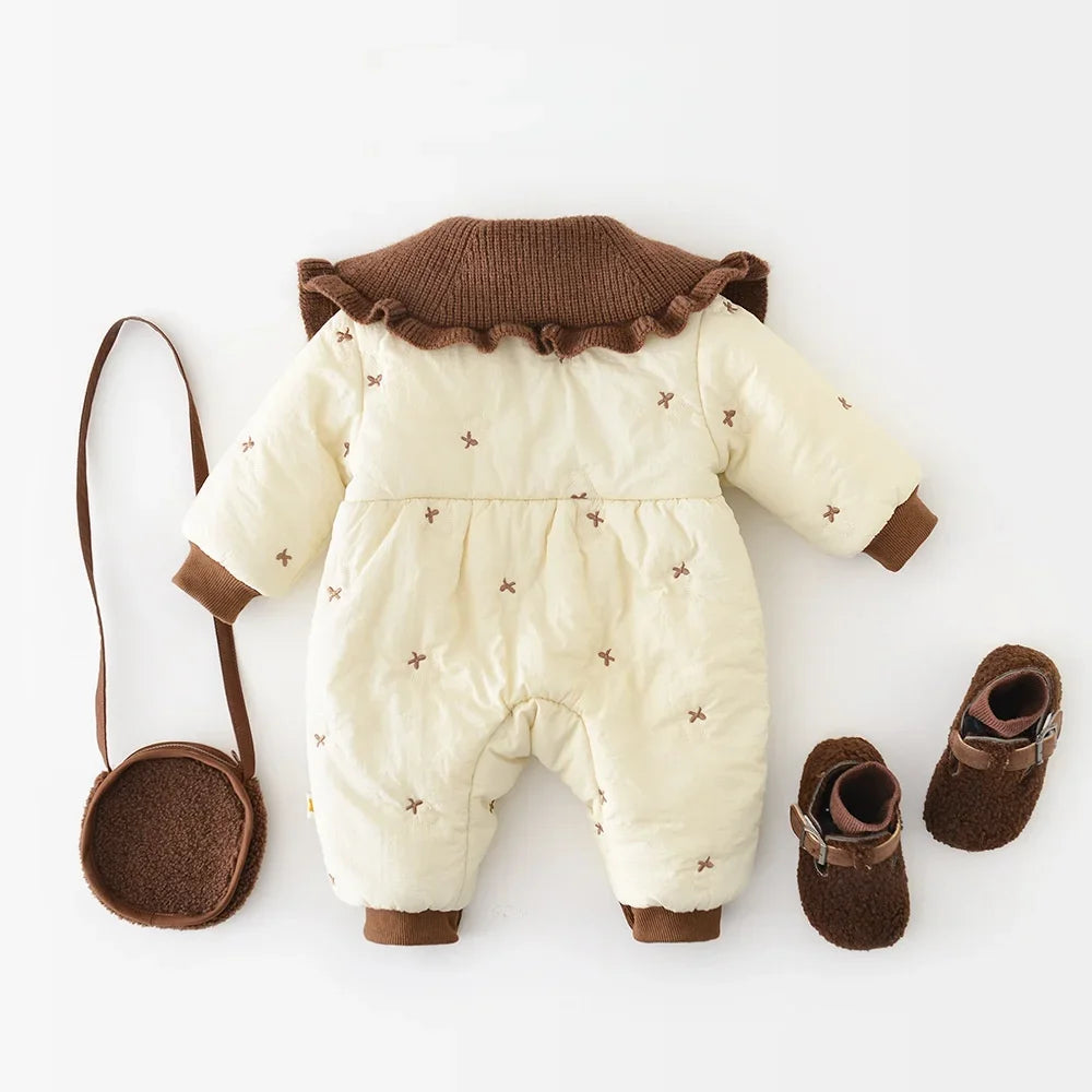 0-2 Y Winter Baby Girls Clothes Fur Lining Toddler Rompers Fur Lining Infant Girls Jumpsuits Bow Embroidery Outfit