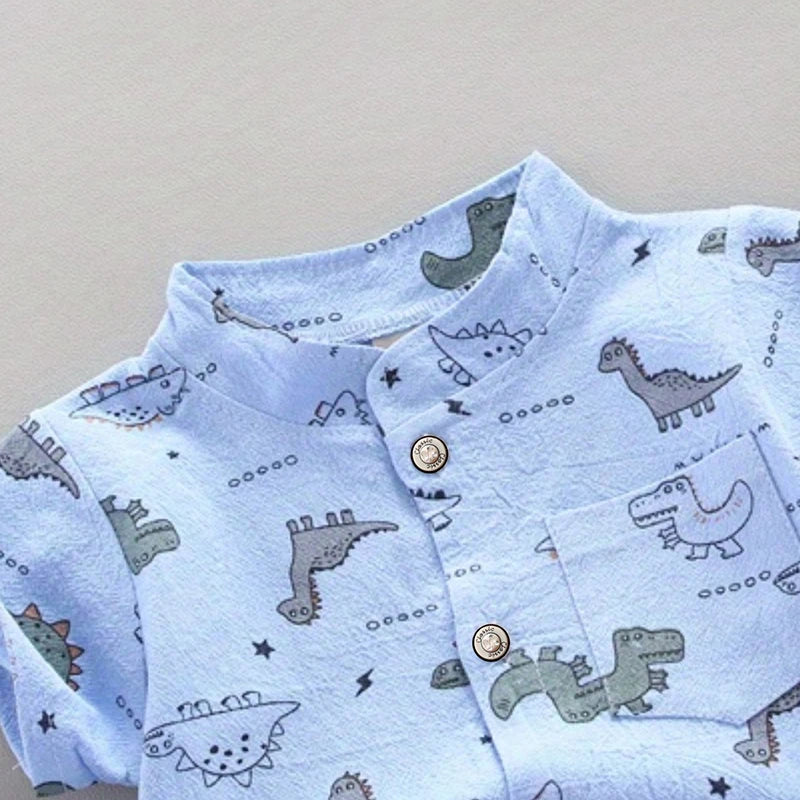 Kids’ Summer Outfit – Dinosaur Print Short-Sleeve Shirt & Shorts Set