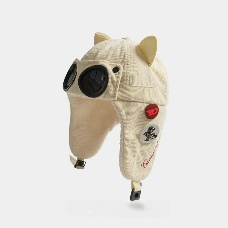 Bonnet d'aviateur enfant avec lunettes, chaud pour l'hiver