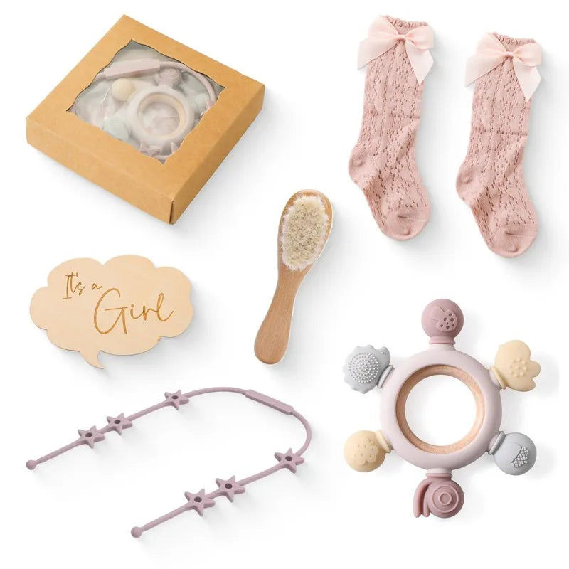 Newborn Bath Gift Set – Cotton Blanket, Milestone Cards & Rattle