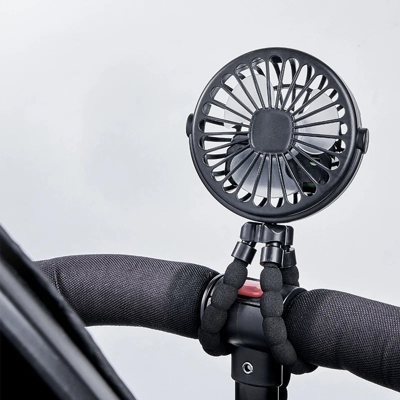 Ventilateur portable USB à 3 vitesses pour poussette avec lumière et support pour téléphone