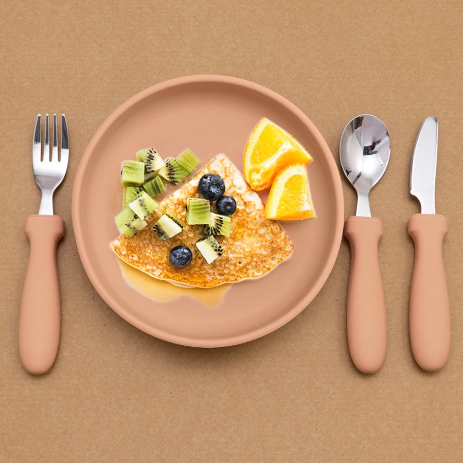 Ensemble d'alimentation pour bébé – Assiette, cuillère et fourchette en silicone
