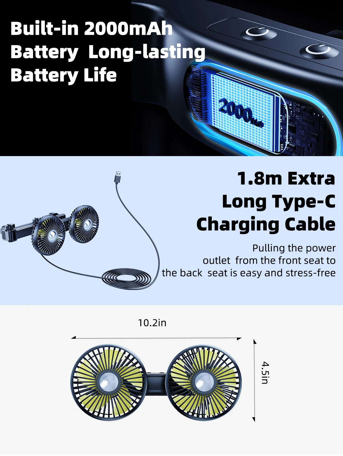 USB Car Fan for Kids | Dual Head, Adjustable Arm, 3-Speed Cooling